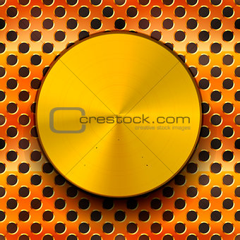 Glossy gold metal knob with shadow on copper grid