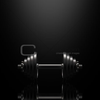 Dumbbell on a black reflective surface. 3D illustration.