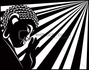 Buddha Raised Hand with Light Rays Black and White Illustration
