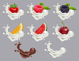 Set dessert of ripe berry fruit and cream. Strawberry, raspberry, cherry, watermelon, melon milk and chocolate