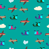 Kids seamless vector pattern with airplanes and helicopters