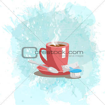 Pink cup with coffee drink on a abstract watercolor spot background. Trendy soft colors.