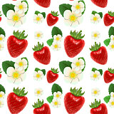 Red ripe strawberries, white flowers and green leaves. Seamless background