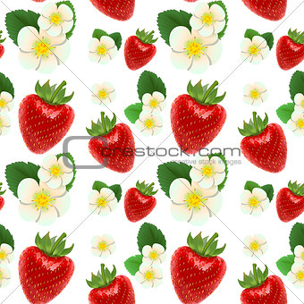 Red ripe strawberries, white flowers and green leaves. Seamless background