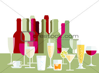 Drinks, wine, champagne, bottles, glasses,