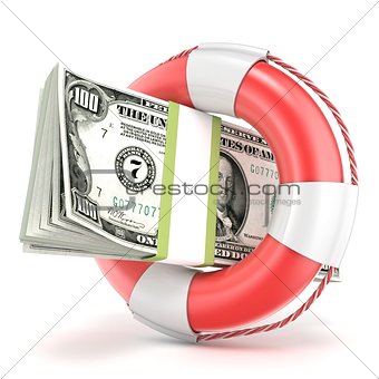 Life buoy with dollars banknote. 3D