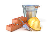 Fragment of red brick wall, trowel, metal bucket and safety helm