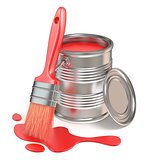 Paint bucket, paintbrush and red stain. 3D