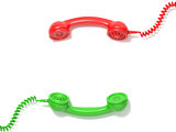 Retro red and green phone receivers lie opposite each other. 3D