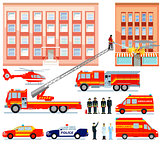 Fire brigade and ambulance at rescue service, illustration