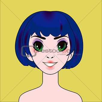 Anime girl with blue bob hairstyle portrait