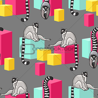 Vector seamless pattern with  cartoon lemurs and  cubes.