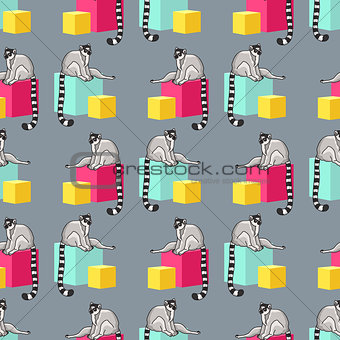 Vector seamless pattern with  cartoon lemurs and  cubes.