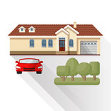 Vector illustration of living house, car and trees.