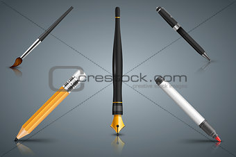set icon brush, pencil, marker, pen, ink