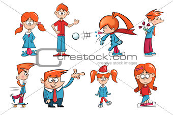 cartoon characters girl and boy. Ice, snow, skate, flower illustration.