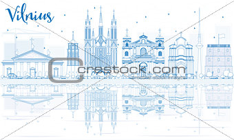 Outline Vilnius Skyline with Blue Landmarks and Reflections. 
