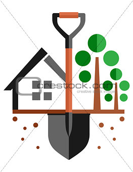 garden symbol with home and shovel on ground