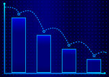 Decreasing bar graph with blue arrow . Isometric bar graph with two axes and columns, showing the rapid decline on a blue background . Eps 10 vector illustration