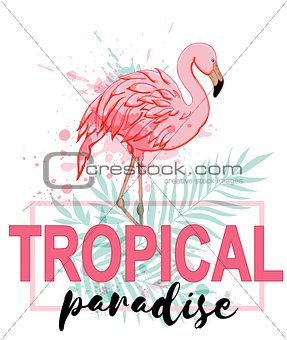 Pink flamingo and green palm leaves