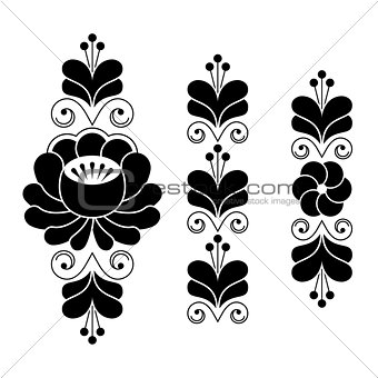 Russian folk art pattern - floral long stripes in black and white