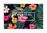 Tropical vector postcard design with bright hibiscus flowers and exotic palm leaves on dark background.