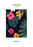Tropical vector postcard design with bright hibiscus flowers and exotic palm leaves on dark background. Space for text.