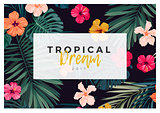 Tropical vector design with bright hibiscus flowers and exotic palm leaves on dark background.