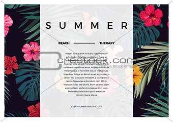 Tropical vector design with bright hibiscus flowers and exotic palm leaves on dark background. Space for text.
