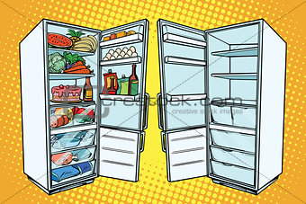 Two refrigerators. One with food and the other empty
