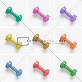 Collage of colorful dumbbells on white background
