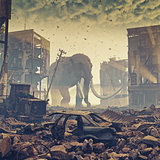 giant elephant in destroyed city