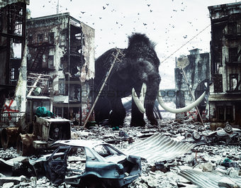giant mammot in destroyed city