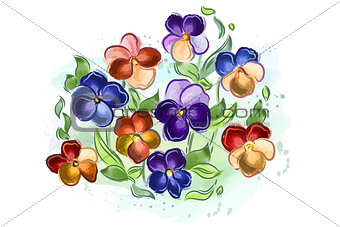Watercolor flowers violets and pansy and leaves