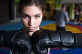 Young adult sexy boxing girl posing with gloves.