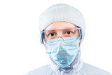 Horizontal portrait of a biochemist in a protective suit on a wh