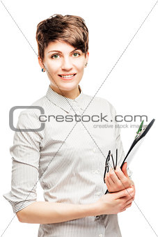 Brunette secretary on a white background with documents in hand 