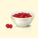 white bowl with raspberries shadow and reflection