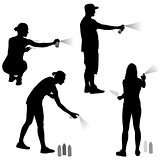 Set silhouette man and woman holding a spray on a white background. Vector illustration