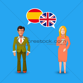 Two people with white speech bubbles with Great britain and Spain flags. Language study concept illustration