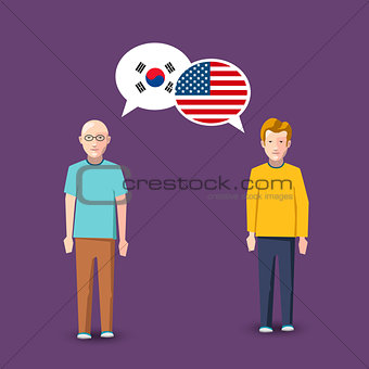 Two people with white speech bubbles with South Korea and USA flags. Language study concept illustration