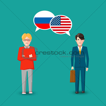 Two people with white speech bubbles with Russia and USA flags. Language study concept illustration