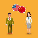 Two people with white speech bubbles with USA and China flags. Language study concept illustration
