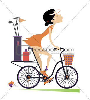 Smiling young woman rides the bike and goes to play golf isolated