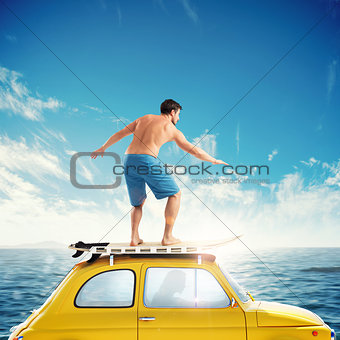 Old car with a surfing boy over the roof. 3D rendering