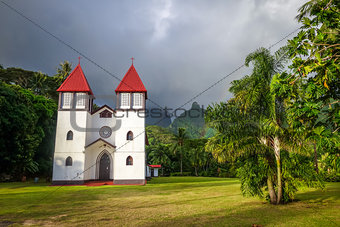 Haapiti church in Moorea island jungle, landscape