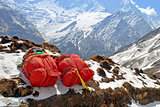 Two huge red backpacks for mountain expedition on snow. Porter Mountaineering equipment.