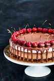 Delicious chocolate and cherry cheesecake dessert decorated with