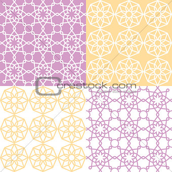 Geometric seamless pattern, Arabic ornament style, tiled design in purple and yellow