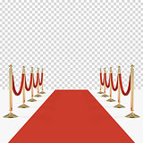 Red carpet with red ropes on golden stanchions